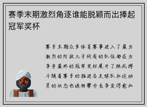赛季末期激烈角逐谁能脱颖而出捧起冠军奖杯 赛季末期激烈角逐谁能脱颖而出捧起冠军奖杯
